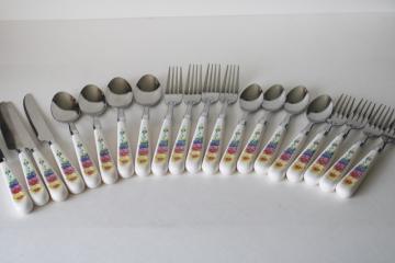 catalog photo of vintage Summer Blush pansies flatware set for 4, plastic handle stainless 20 pieces Corelle Coordinates 