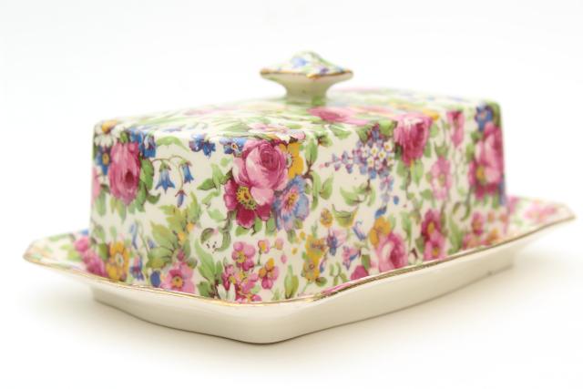 photo of vintage Summertime Royal Winton chintz china covered butter dish, plate & cover #1