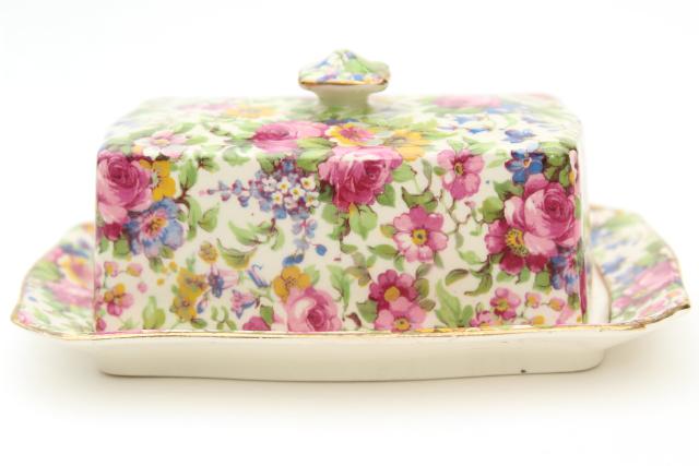 photo of vintage Summertime Royal Winton chintz china covered butter dish, plate & cover #2