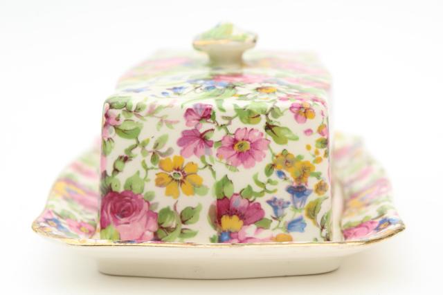 photo of vintage Summertime Royal Winton chintz china covered butter dish, plate & cover #3