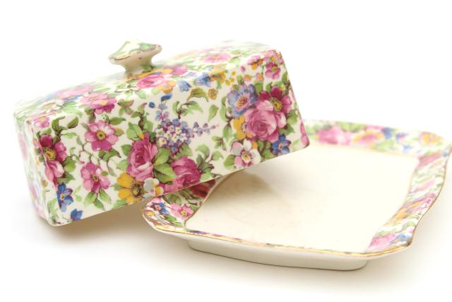 photo of vintage Summertime Royal Winton chintz china covered butter dish, plate & cover #4