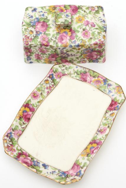 photo of vintage Summertime Royal Winton chintz china covered butter dish, plate & cover #5