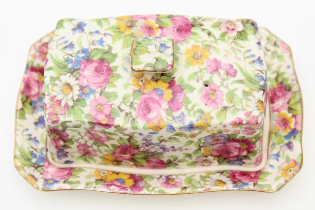 photo of vintage Summertime Royal Winton chintz china covered butter dish, plate & cover #6