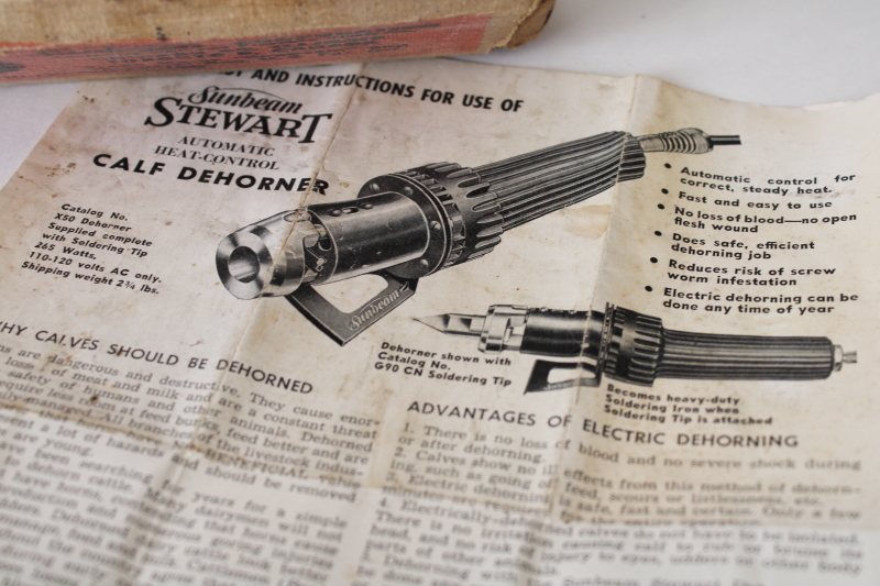 photo of vintage Sunbeam Stewart electric dehorner soldering iron in box, rare old farm tool working #4