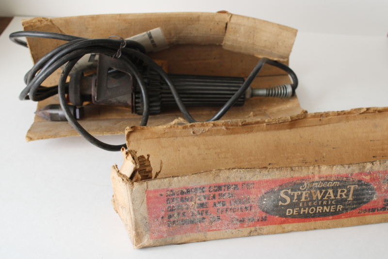 photo of vintage Sunbeam Stewart electric dehorner soldering iron in box, rare old farm tool working #7