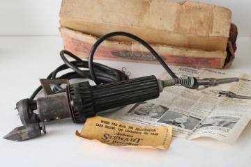 catalog photo of vintage Sunbeam Stewart electric dehorner soldering iron in box, rare old farm tool working 