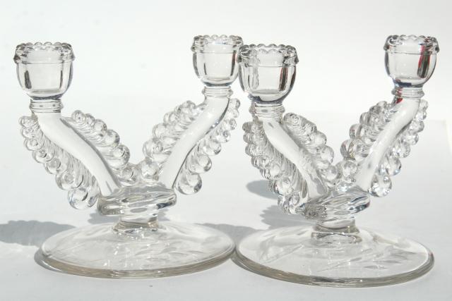 photo of vintage Susquehanna crystal glass candlesticks, double candle holders stem 3848 etched #1