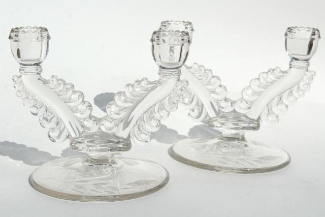 photo of vintage Susquehanna crystal glass candlesticks, double candle holders stem 3848 etched #4