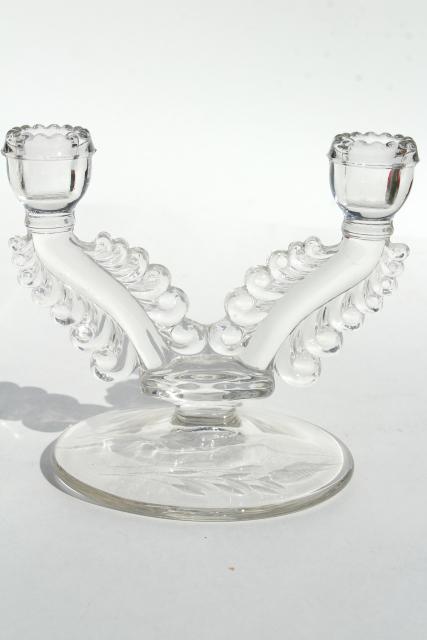 photo of vintage Susquehanna crystal glass candlesticks, double candle holders stem 3848 etched #5