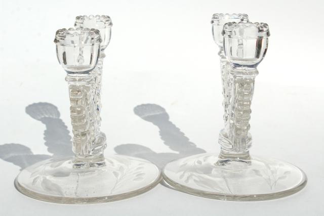 photo of vintage Susquehanna crystal glass candlesticks, double candle holders stem 3848 etched #8