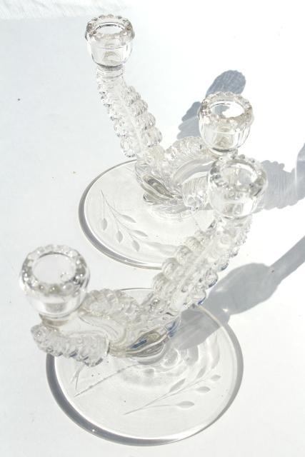 photo of vintage Susquehanna crystal glass candlesticks, double candle holders stem 3848 etched #11