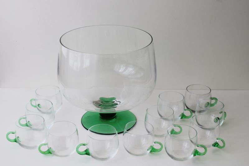 photo of vintage Sussmuth punch bowl & cups, jade green & crystal clear hand blown glass  #1