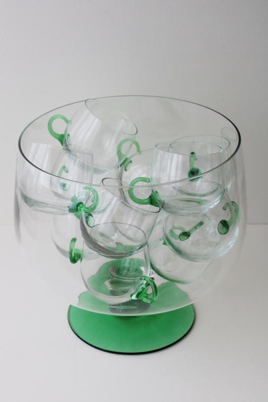 photo of vintage Sussmuth punch bowl & cups, jade green & crystal clear hand blown glass  #3