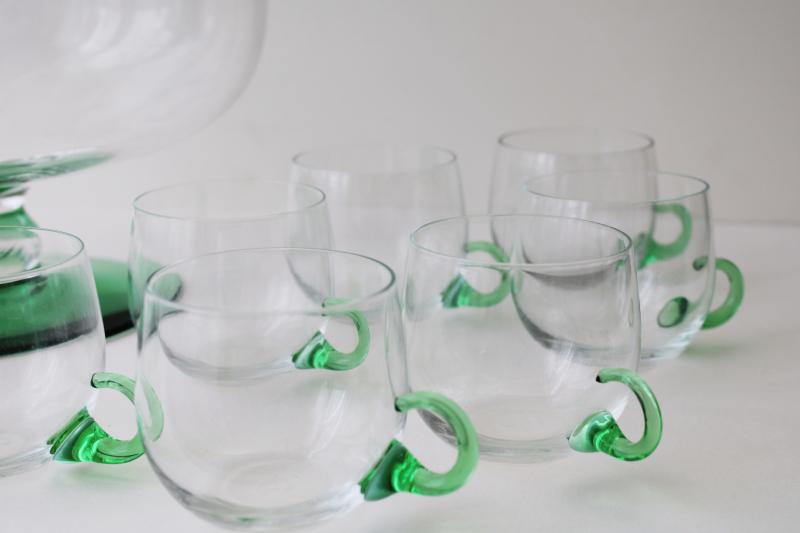 photo of vintage Sussmuth punch bowl & cups, jade green & crystal clear hand blown glass  #4