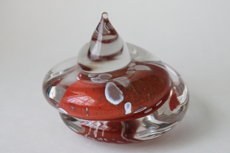 photo of vintage Sweden Konstglass art glass paperweight, large spiral red with clear crystal  #2