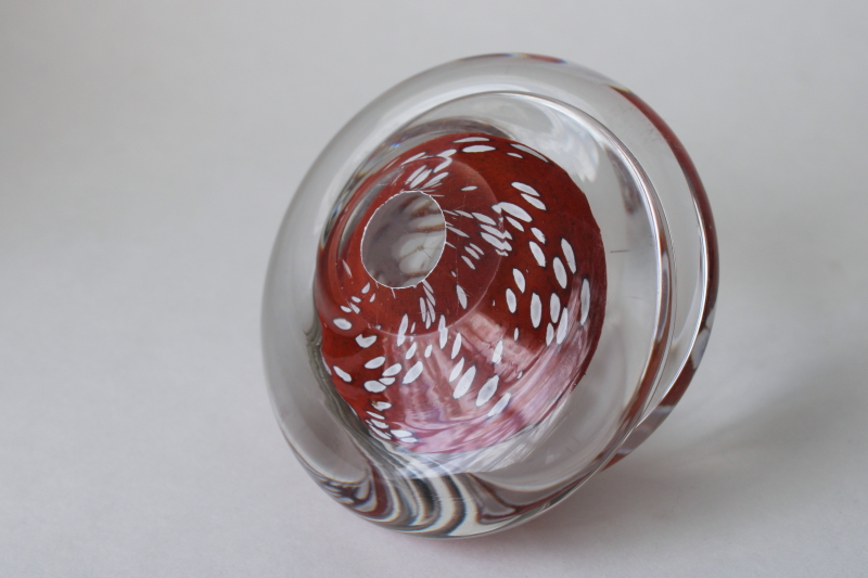 photo of vintage Sweden Konstglass art glass paperweight, large spiral red with clear crystal  #3