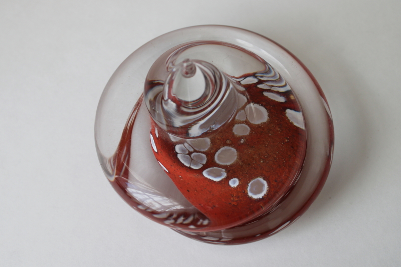 photo of vintage Sweden Konstglass art glass paperweight, large spiral red with clear crystal  #4