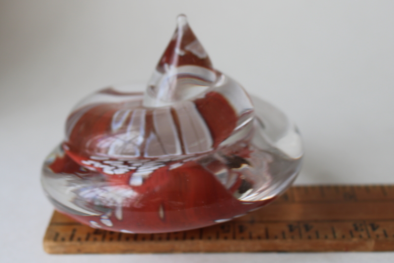 photo of vintage Sweden Konstglass art glass paperweight, large spiral red with clear crystal  #5