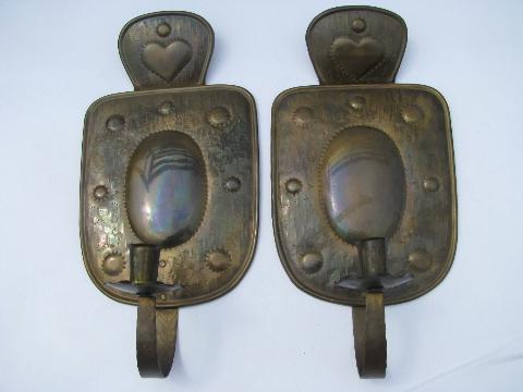 photo of vintage Sweden solid brass wall candle sconces pair, Swedish country hearts #1