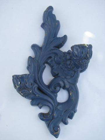 photo of vintage Swedish blue paint, old ornate plaster wall sconces for candles #2