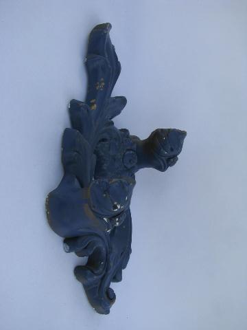 photo of vintage Swedish blue paint, old ornate plaster wall sconces for candles #3