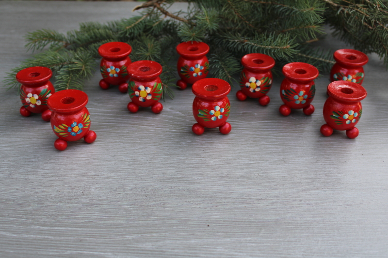 photo of vintage Swedish candle holders, hand painted wood made in Sweden Christmas candle holders #1