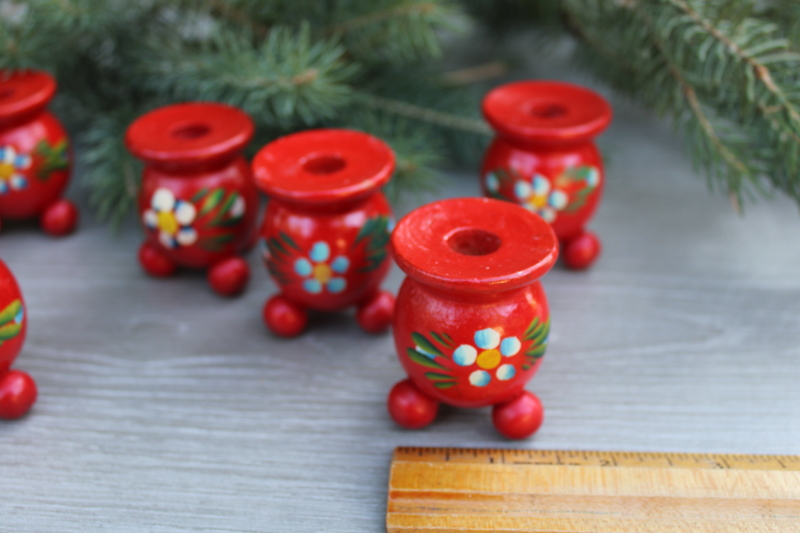 photo of vintage Swedish candle holders, hand painted wood made in Sweden Christmas candle holders #2