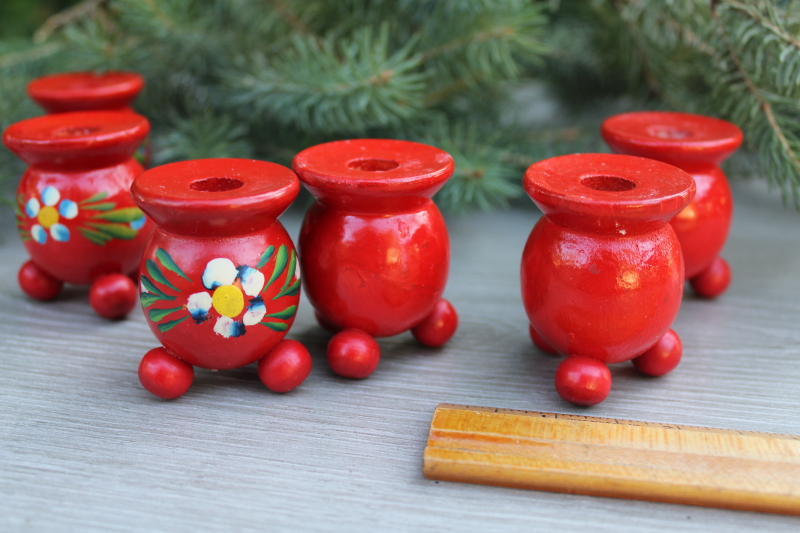 photo of vintage Swedish candle holders, hand painted wood made in Sweden Christmas candle holders #3