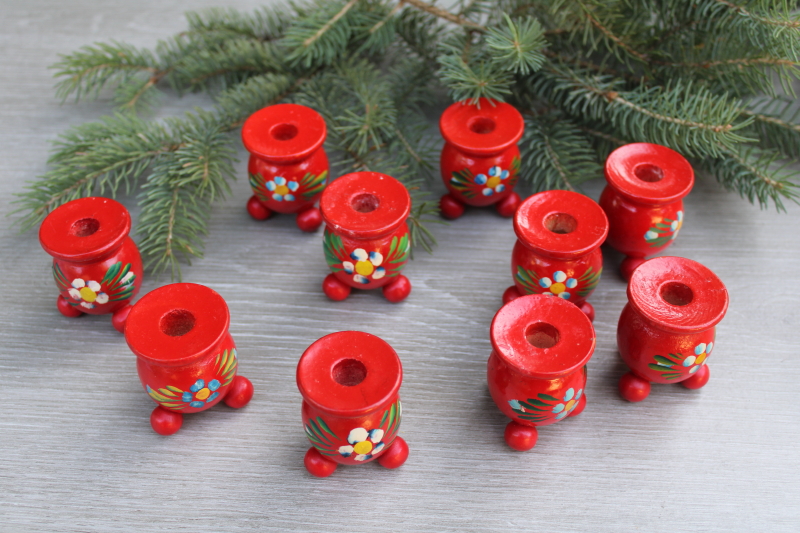 photo of vintage Swedish candle holders, hand painted wood made in Sweden Christmas candle holders #4