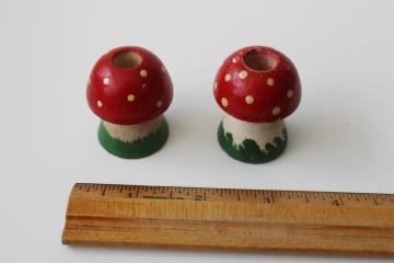 catalog photo of vintage Swedish candle holders, painted wood mushrooms red & white spotted fly agaric toadstools