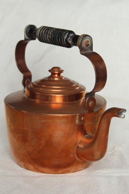 photo of vintage Swedish copper teapot, tea kettle w/ wood handle, tarnished old patina #1