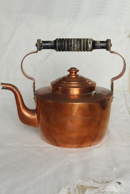 photo of vintage Swedish copper teapot, tea kettle w/ wood handle, tarnished old patina #3