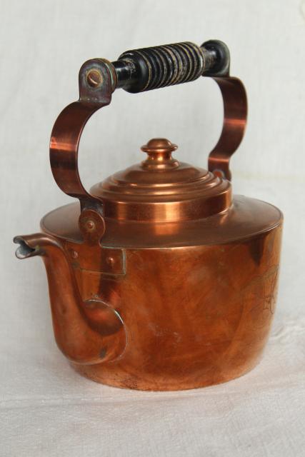 photo of vintage Swedish copper teapot, tea kettle w/ wood handle, tarnished old patina #5