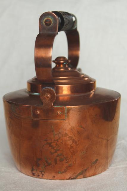 photo of vintage Swedish copper teapot, tea kettle w/ wood handle, tarnished old patina #6