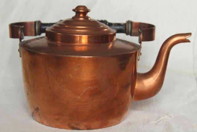 photo of vintage Swedish copper teapot, tea kettle w/ wood handle, tarnished old patina #7