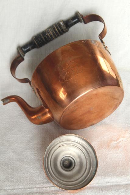 photo of vintage Swedish copper teapot, tea kettle w/ wood handle, tarnished old patina #10