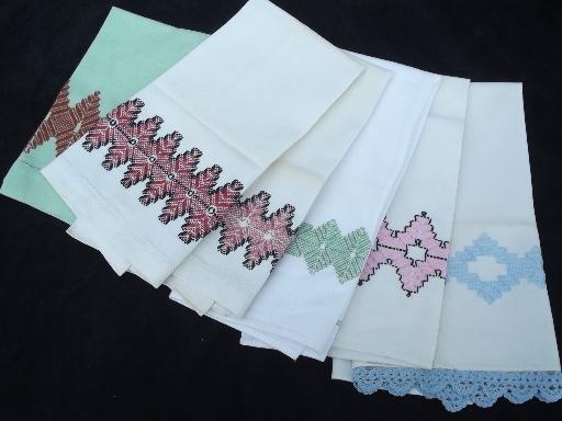 photo of vintage Swedish embroidery huck cotton kitchen / tea towels lot #1