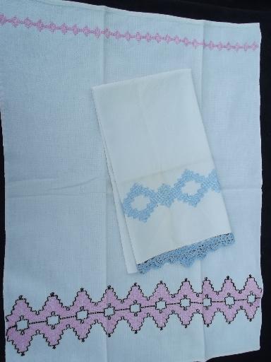 photo of vintage Swedish embroidery huck cotton kitchen / tea towels lot #2