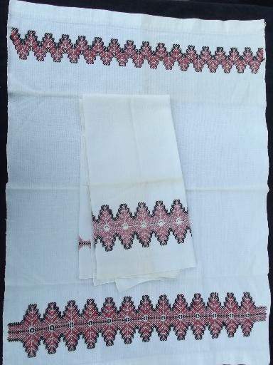 photo of vintage Swedish embroidery huck cotton kitchen / tea towels lot #3