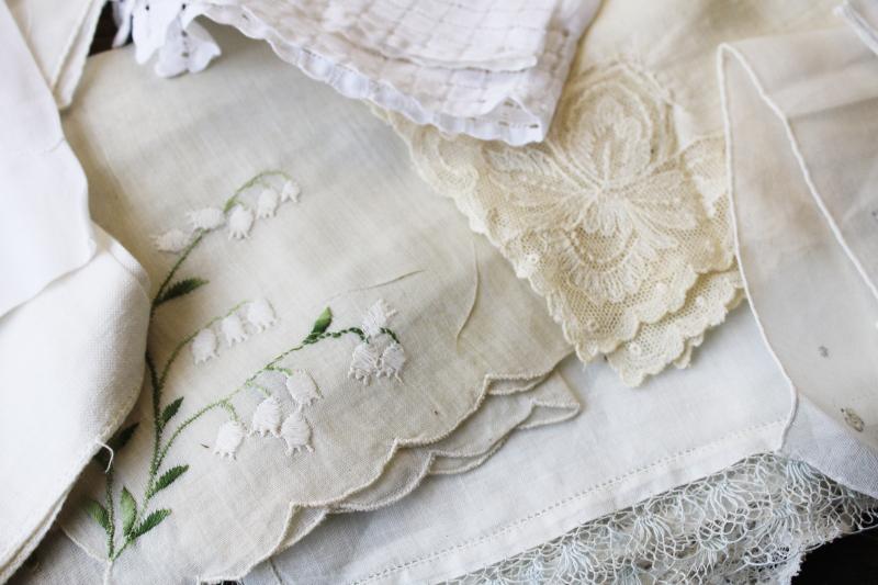 photo of vintage Swiss & Madeira handkerchiefs fine cotton & linen lace & embroidery, white hankies lot #6
