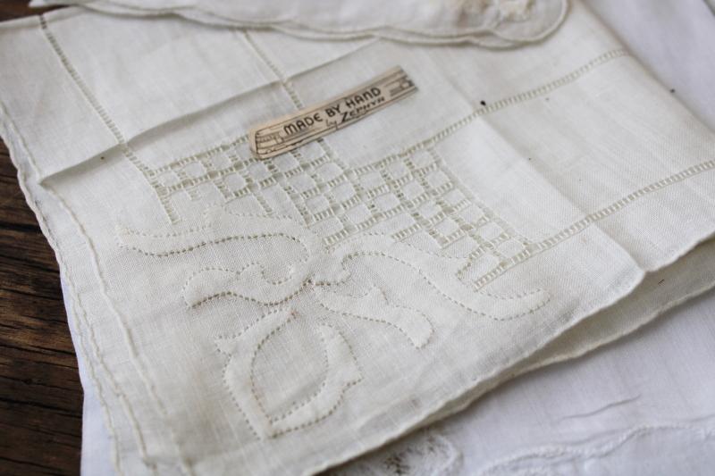 photo of vintage Swiss & Madeira handkerchiefs fine cotton & linen lace & embroidery, white hankies lot #8