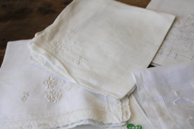 photo of vintage Swiss & Madeira handkerchiefs fine cotton & linen lace & embroidery, white hankies lot #10