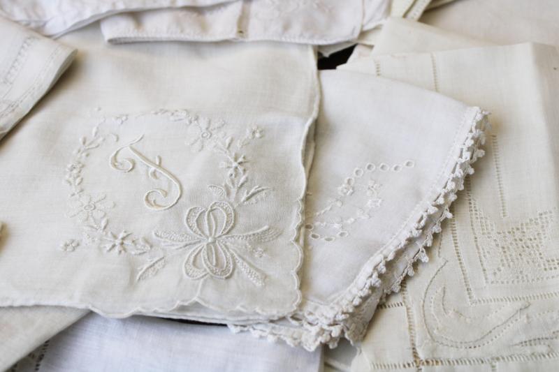 photo of vintage Swiss & Madeira handkerchiefs fine cotton & linen lace & embroidery, white hankies lot #12