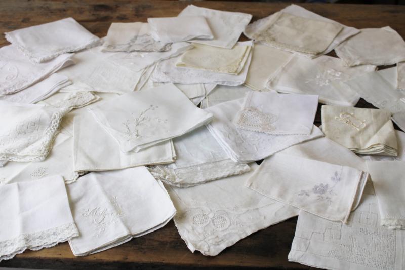 photo of vintage Swiss & Madeira handkerchiefs fine cotton & linen lace & embroidery, white hankies lot #1
