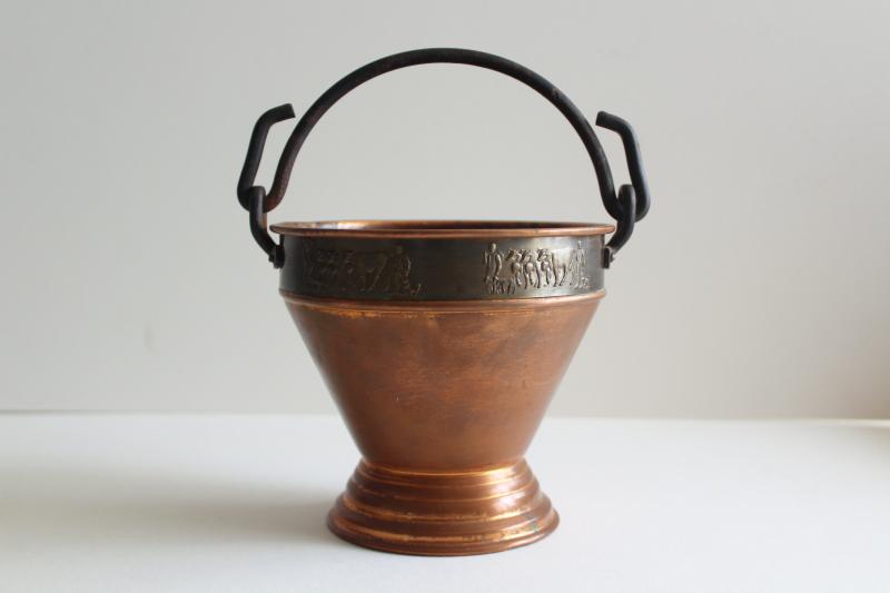 photo of vintage Swiss copper milk pail w/ parade of cows, Stockli Netstal goat milking bucket #1