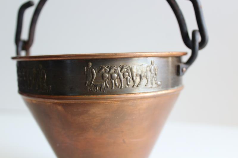 photo of vintage Swiss copper milk pail w/ parade of cows, Stockli Netstal goat milking bucket #2