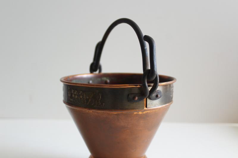 photo of vintage Swiss copper milk pail w/ parade of cows, Stockli Netstal goat milking bucket #3