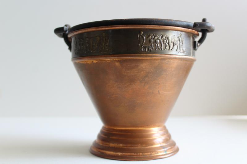 photo of vintage Swiss copper milk pail w/ parade of cows, Stockli Netstal goat milking bucket #6