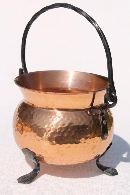 photo of vintage Swiss copper pot kettle w/ wrought iron handle & feet, witch cauldron shape #1