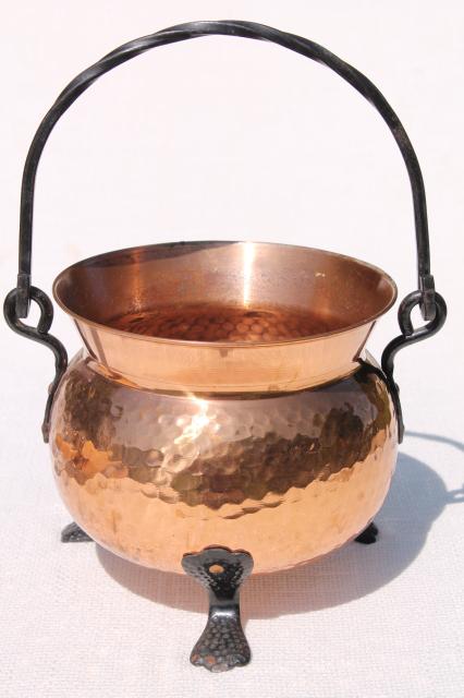 photo of vintage Swiss copper pot kettle w/ wrought iron handle & feet, witch cauldron shape #3